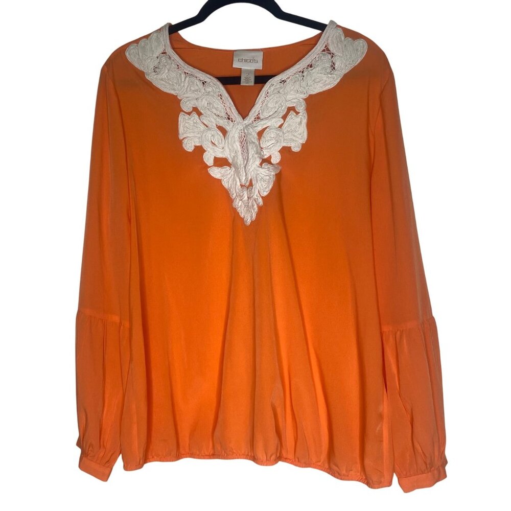 Chicos 2‎ Orange Blouse Womens L White Embellished Puff Long Sleeves Boho Casual
